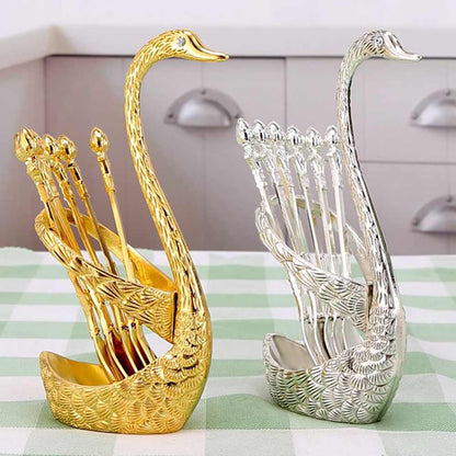 Pack of 6 Stainless Steel Spoon Set with Swan Holder